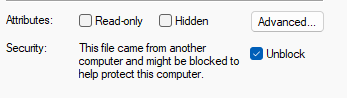 PowerShell scripts from 3rd-party sources are blocked by default, checking “Unblock” fixes that.