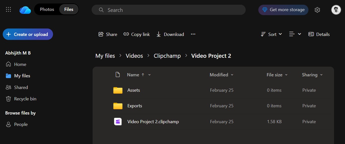 Project file stored by Clipchamp in OneDrive with Asset folder having nothing inside it