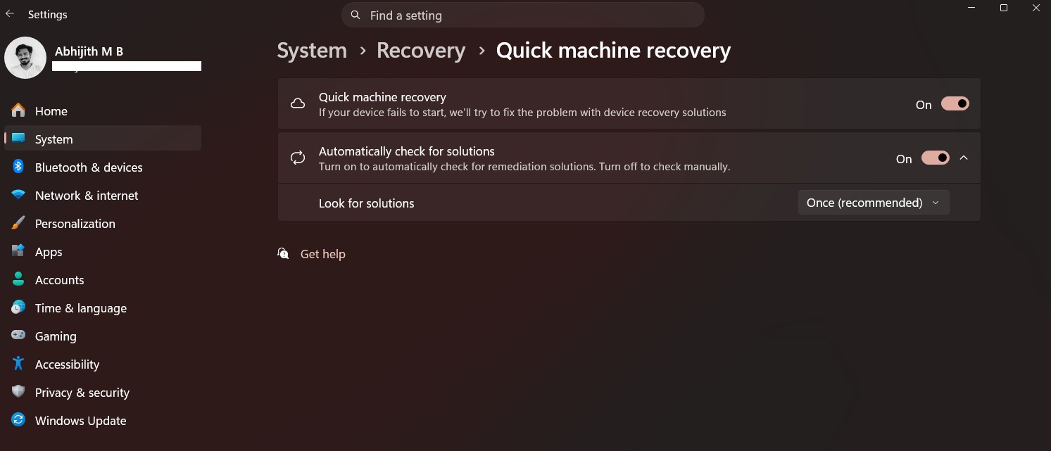 Quick Machine Recovery settings