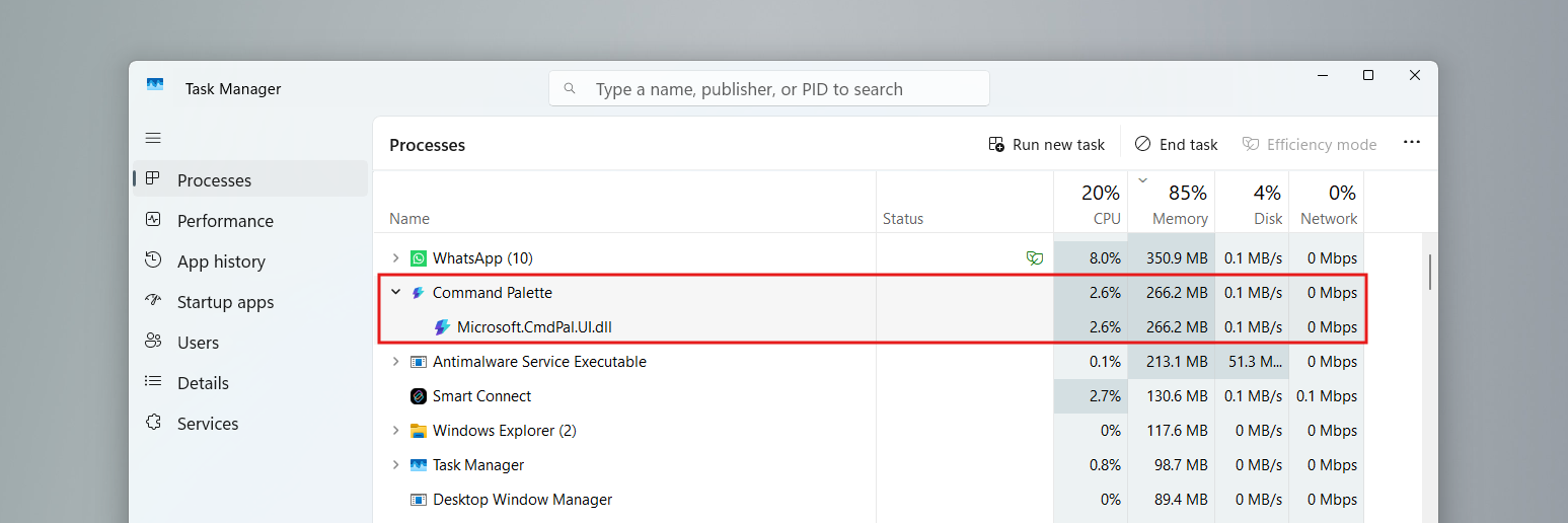 RAM and CPU usage by Command Palette