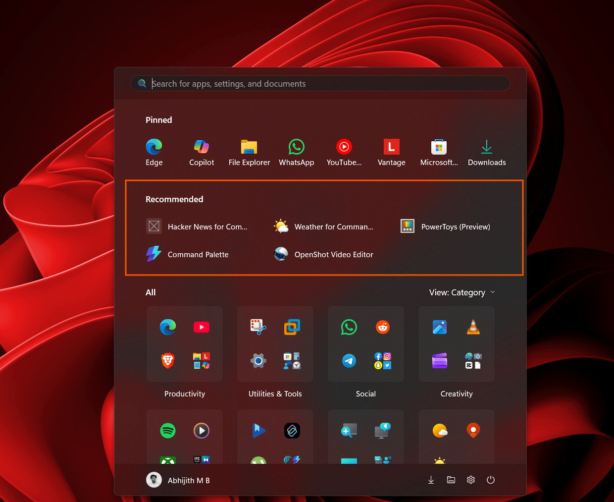 Recommendations in Start menu