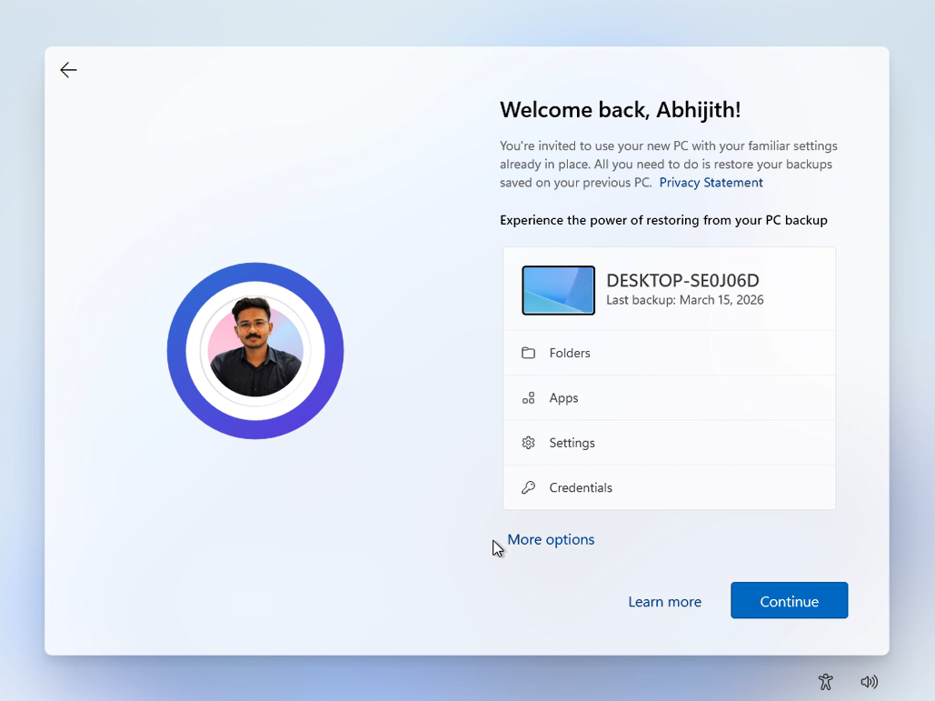 Restore backup option during OOBE