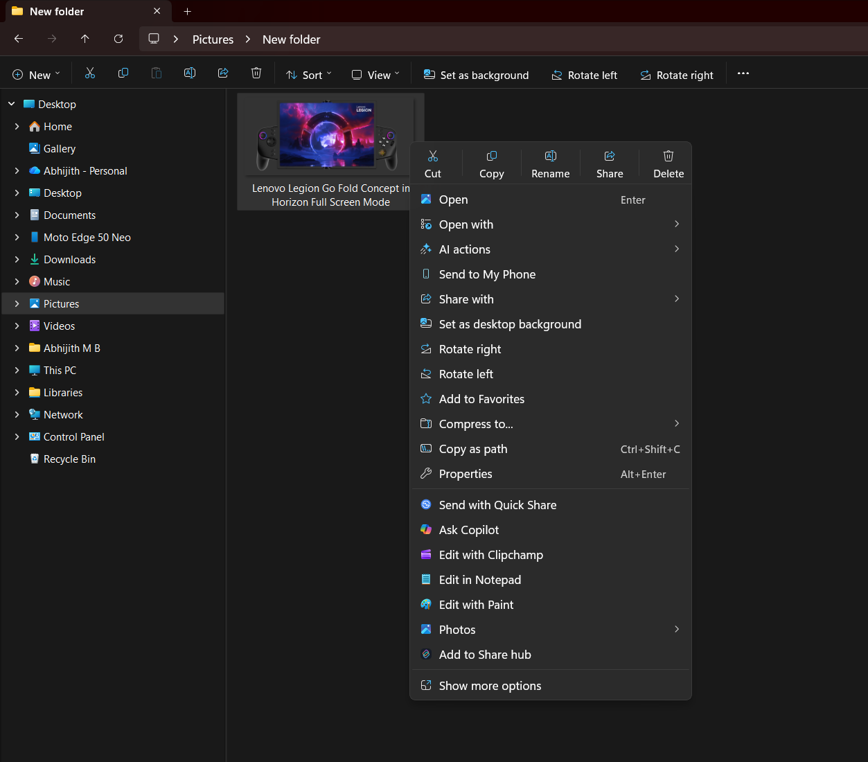 Right-click context menu in File Explorer