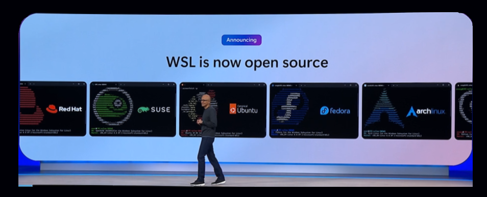 Satya Nadella introducing WSL going Open Source at the 2025 Build conference