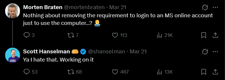 Scott Hanselman says developers are working to remove requirement to login to MSA