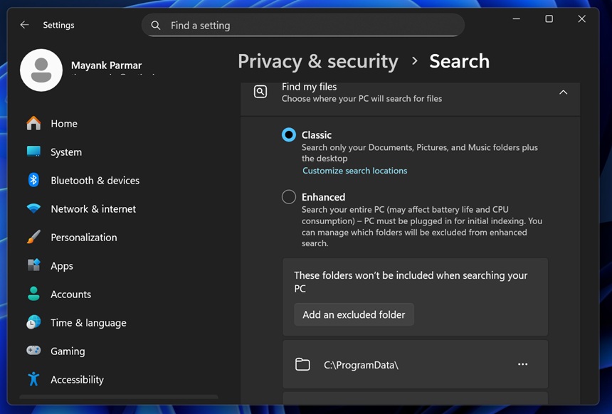 Search indexing in Windows 11