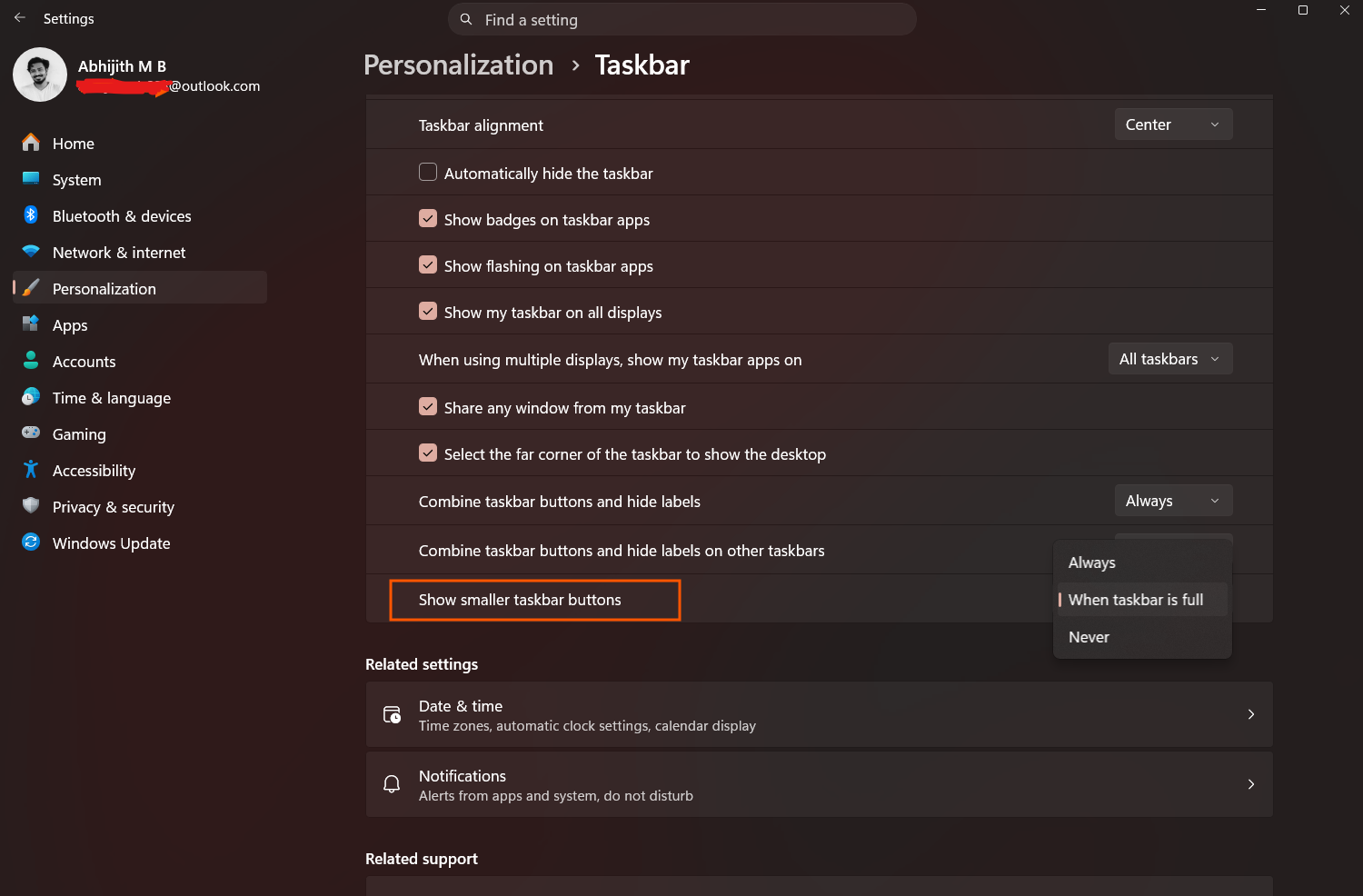 Show smaller taskbar buttons option