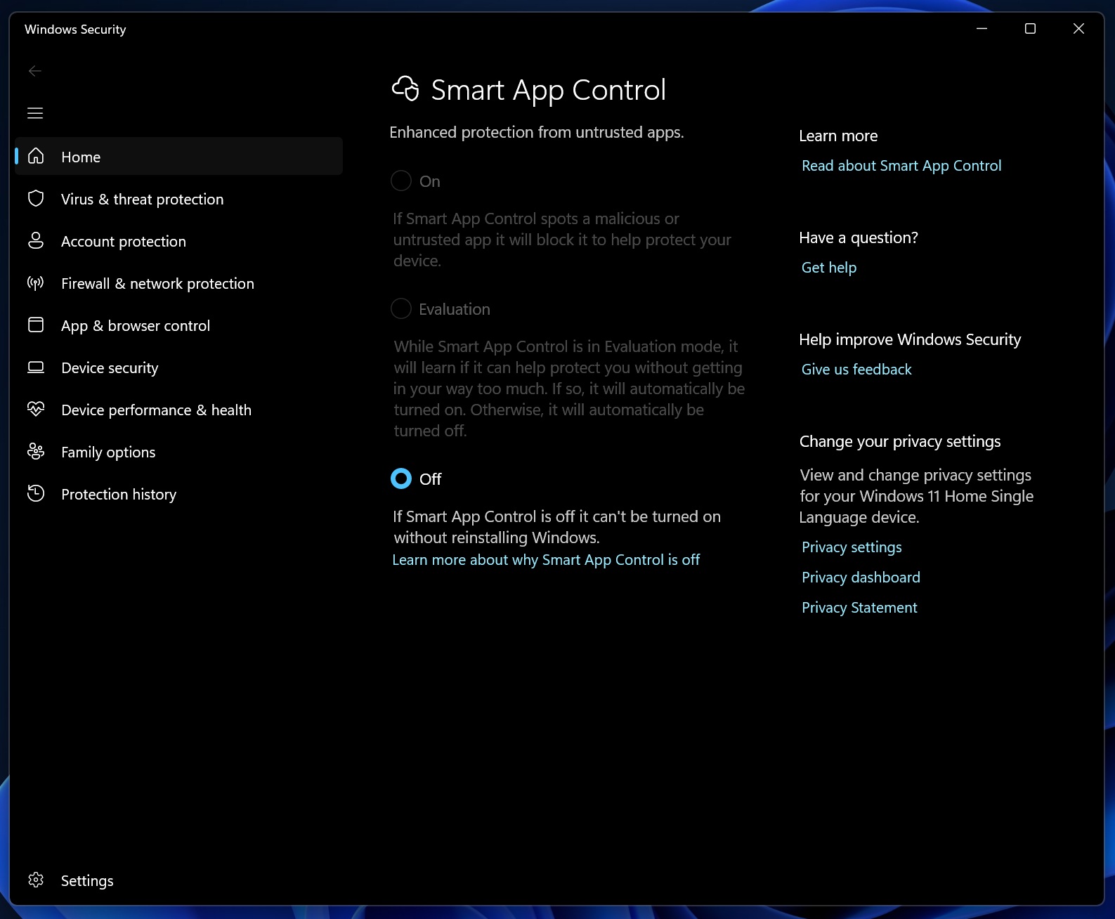 Smart App Control settings in Windows 11