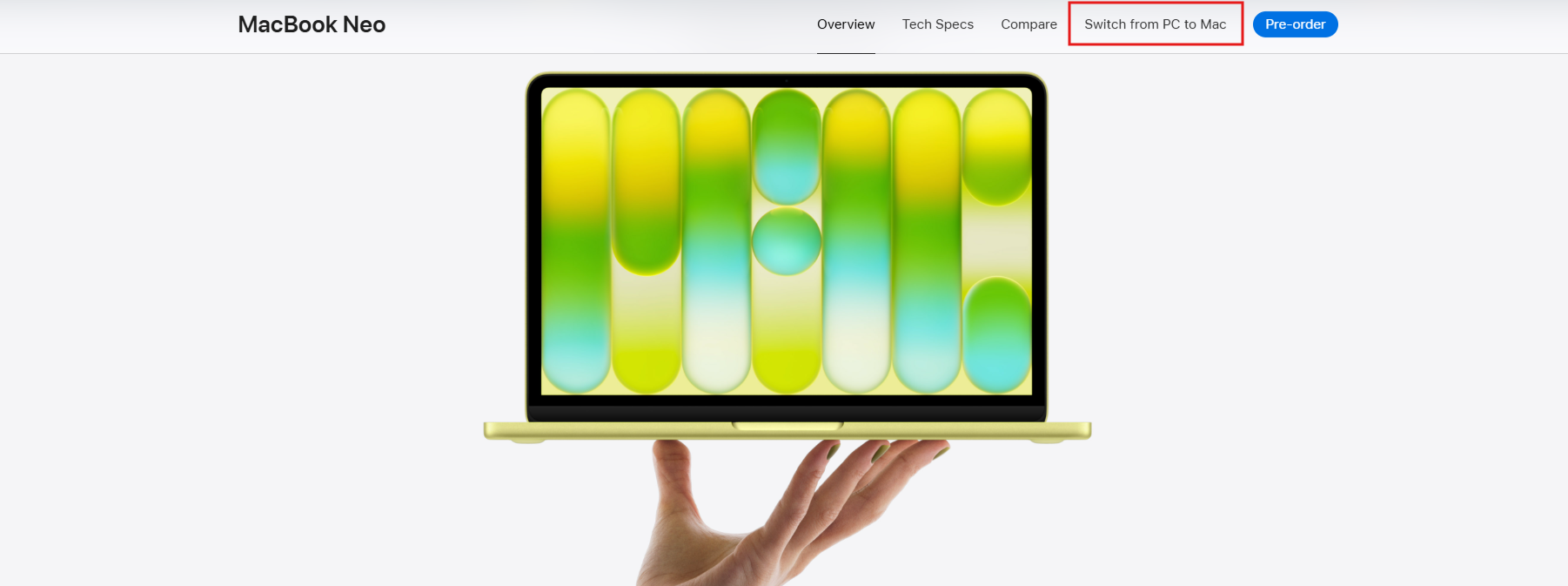 Switch from PC to Mac tab sits on the header of the MacBook Neo product page