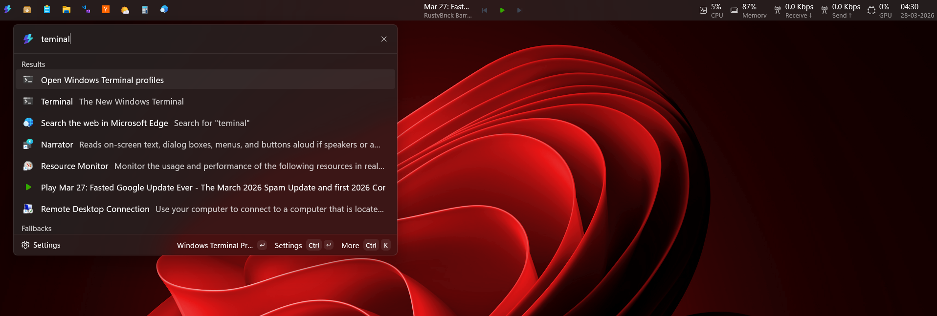 The Command Palette Dock is a better Search experience than regular Windows Search