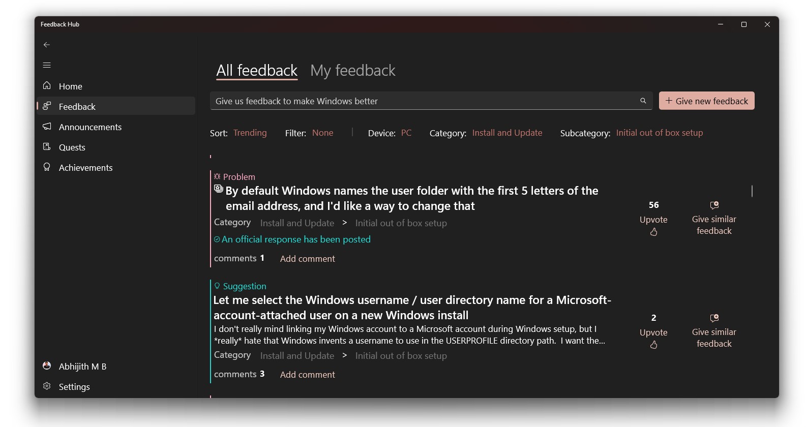 The ability to name user folder has been long requested in the Feedback Hub
