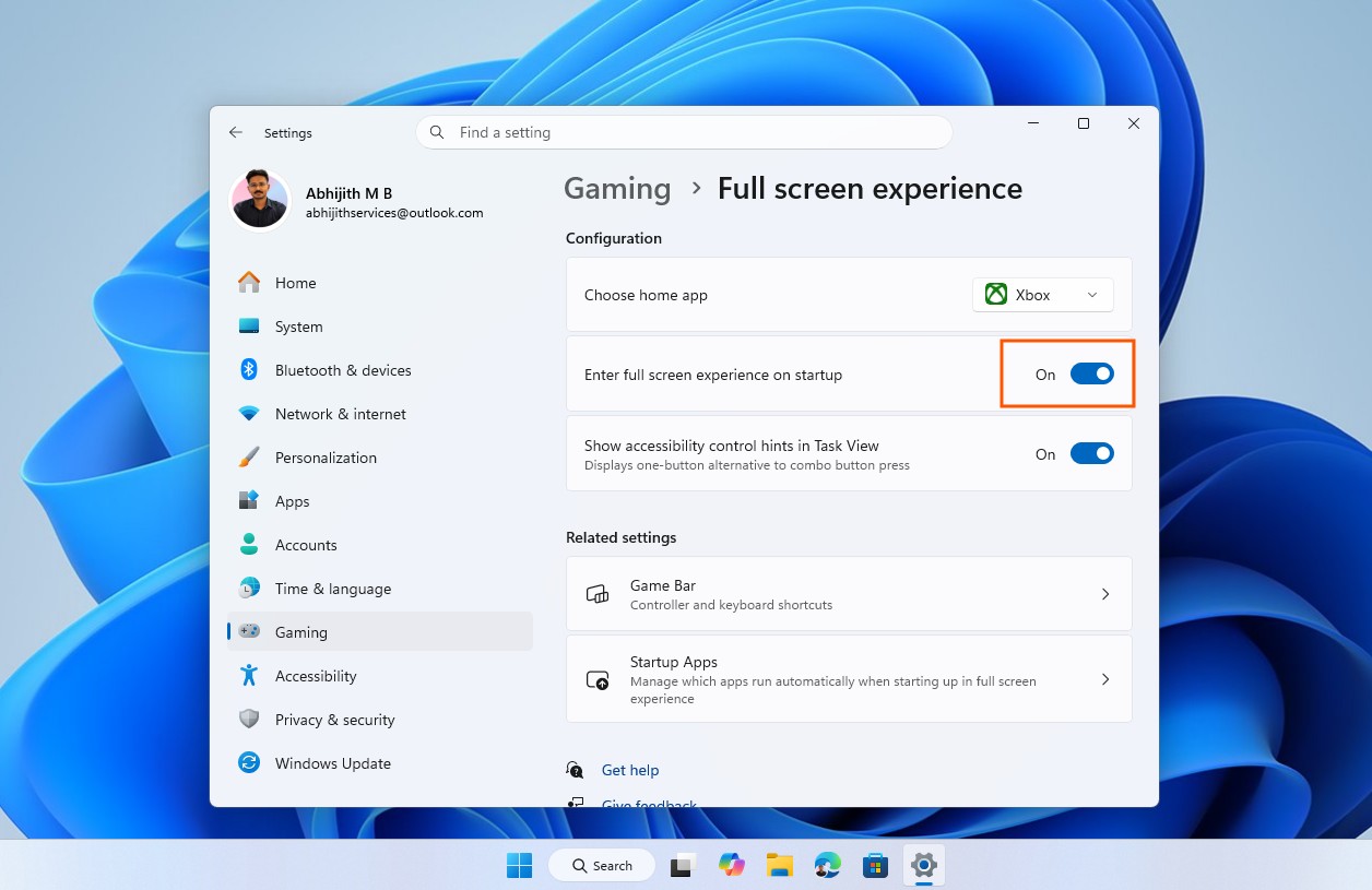 Toggle for Xbox Mode in Windows 11 Gaming Settings (currently named Full screen experience)