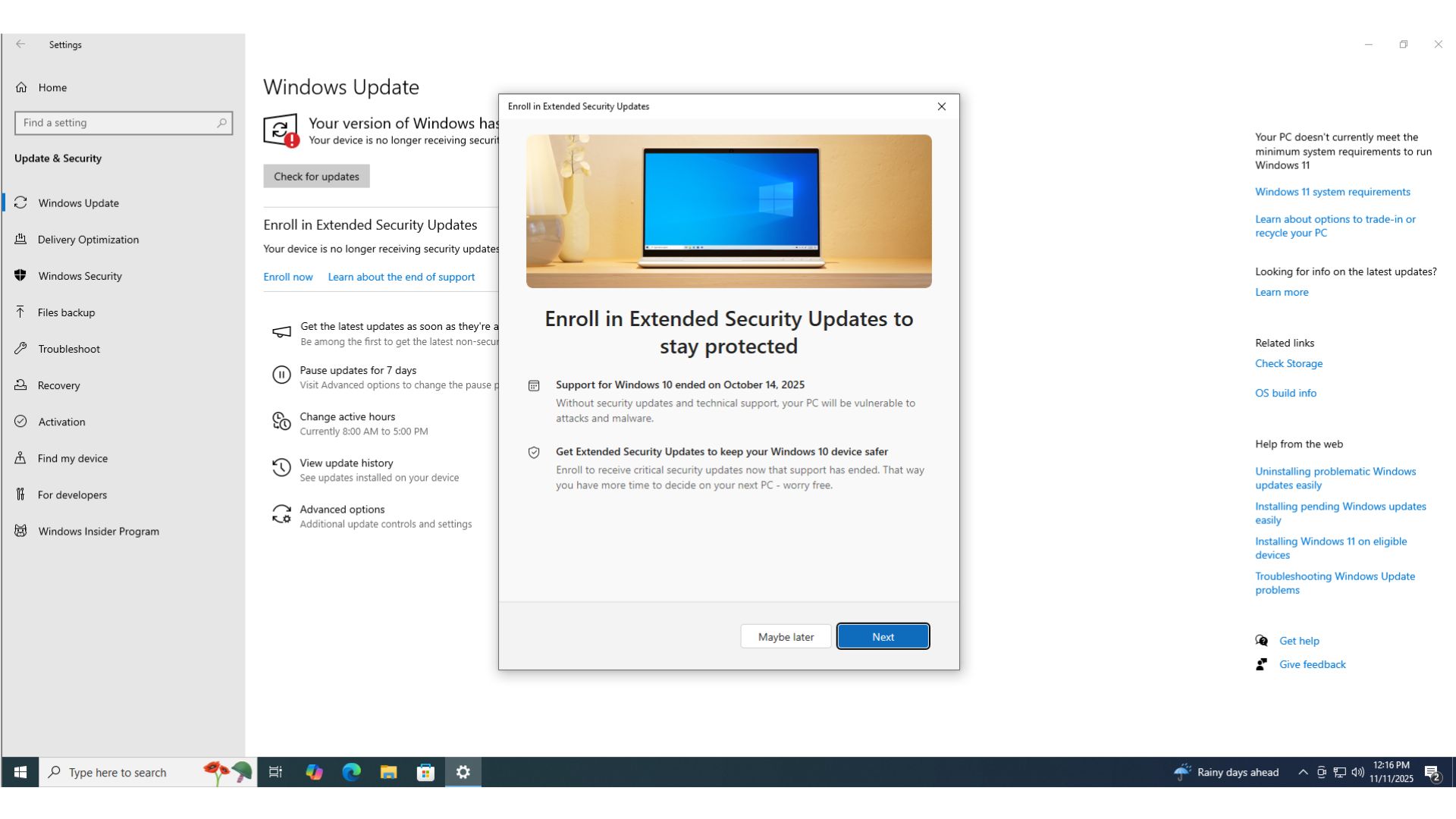 Windows 10 ESU sign up process