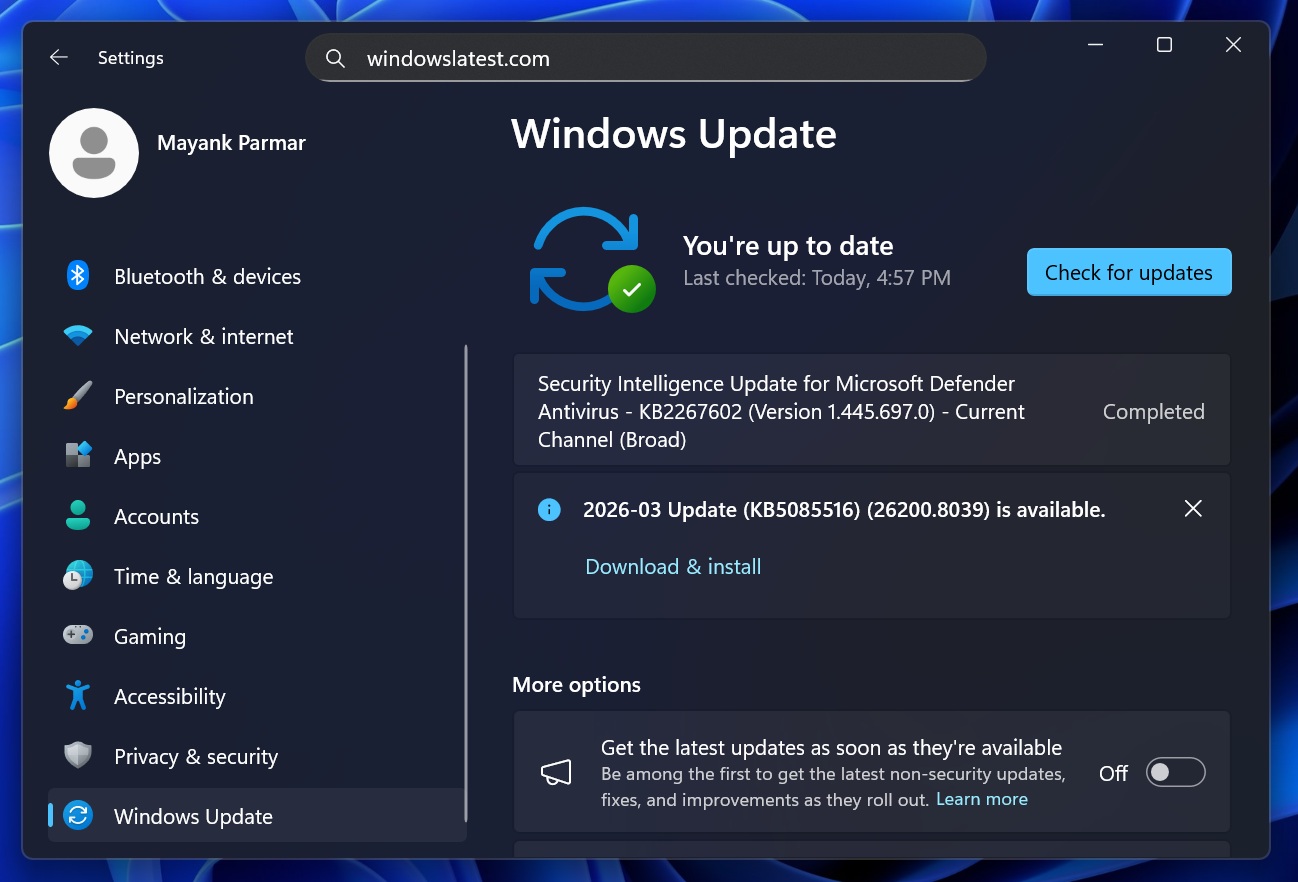 Windows 11 2026-03 Update (KB5085516) (26200.8039)