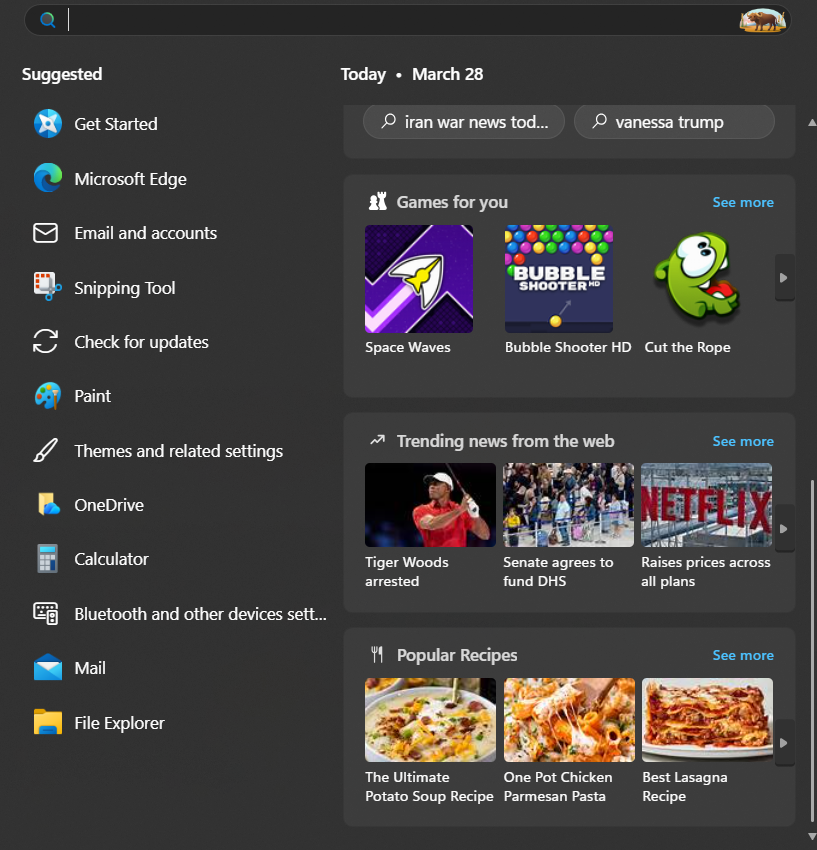 Windows Search showing Popular Recipes and Trending news