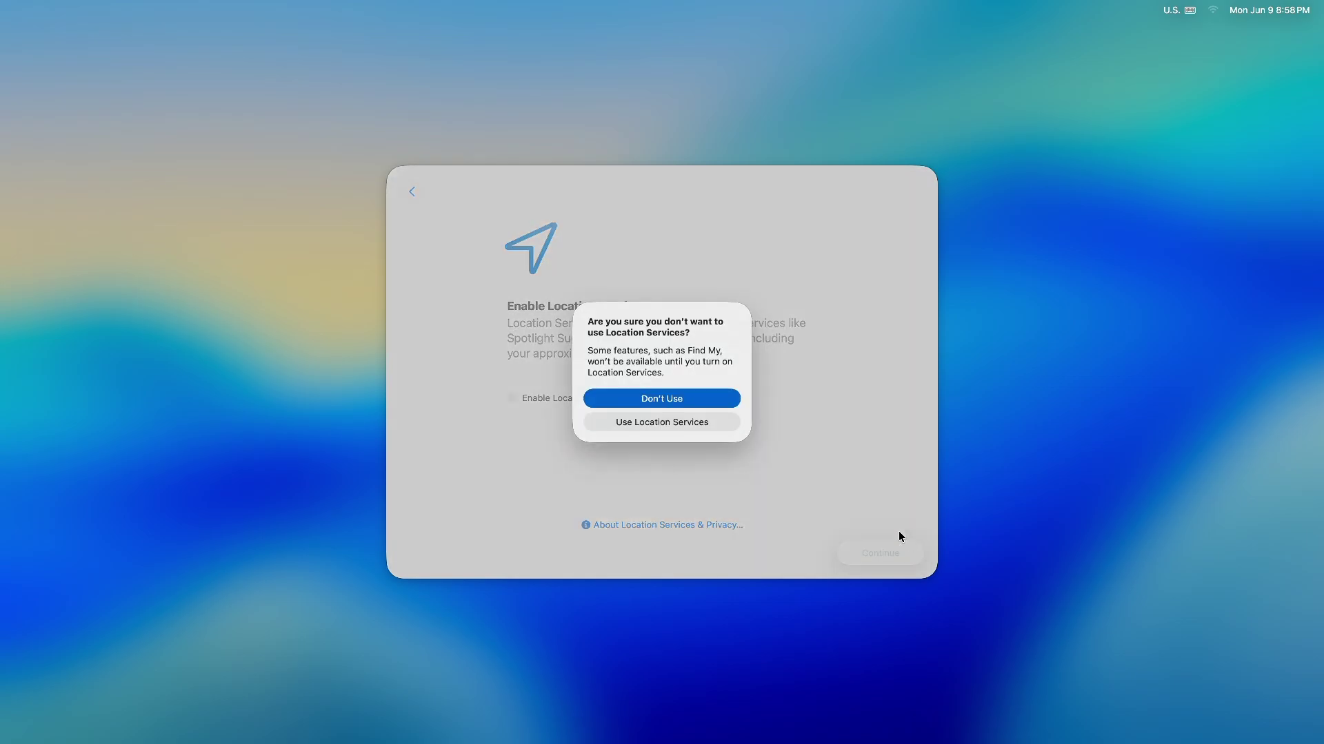macOS setup highlights Don't use location