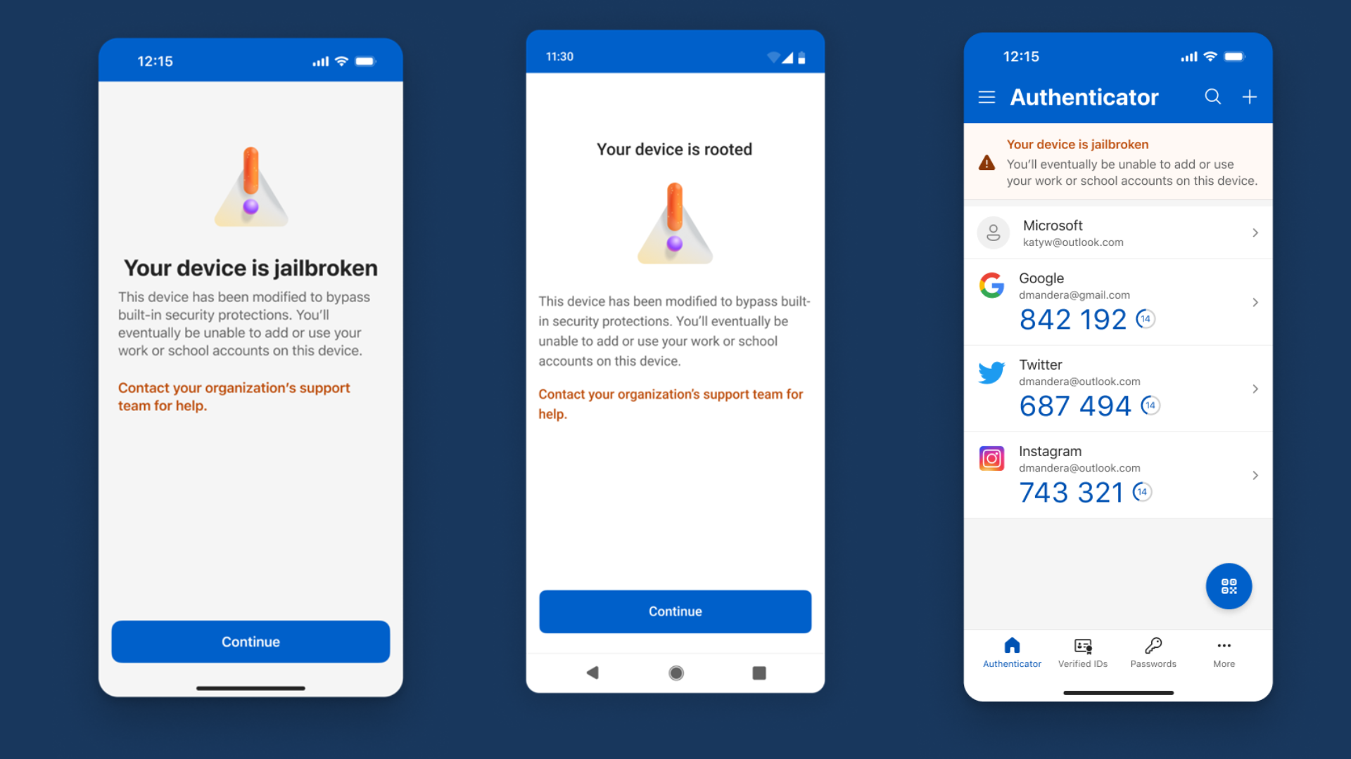 microsoft authenticator jailbroken warnings
