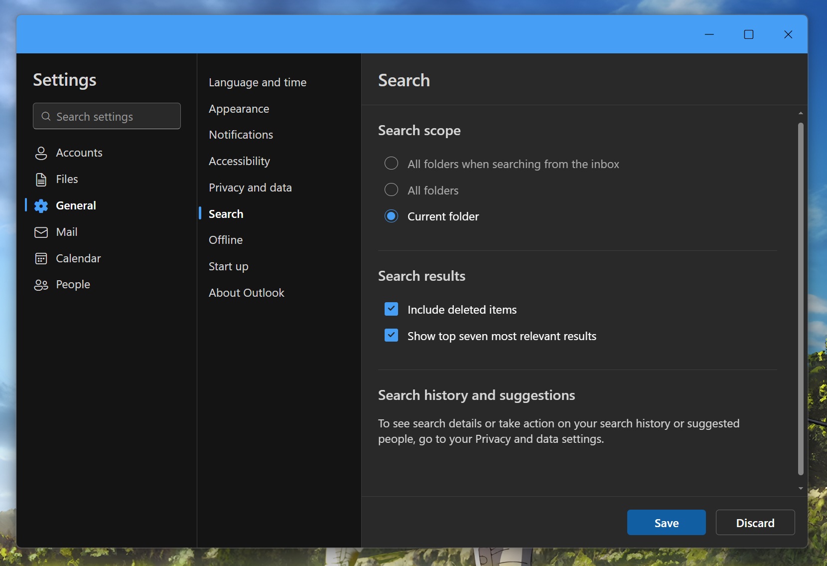 outlook search settings