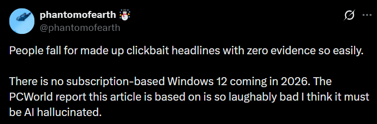 phantomofearth X repost about Windows 12 rumors