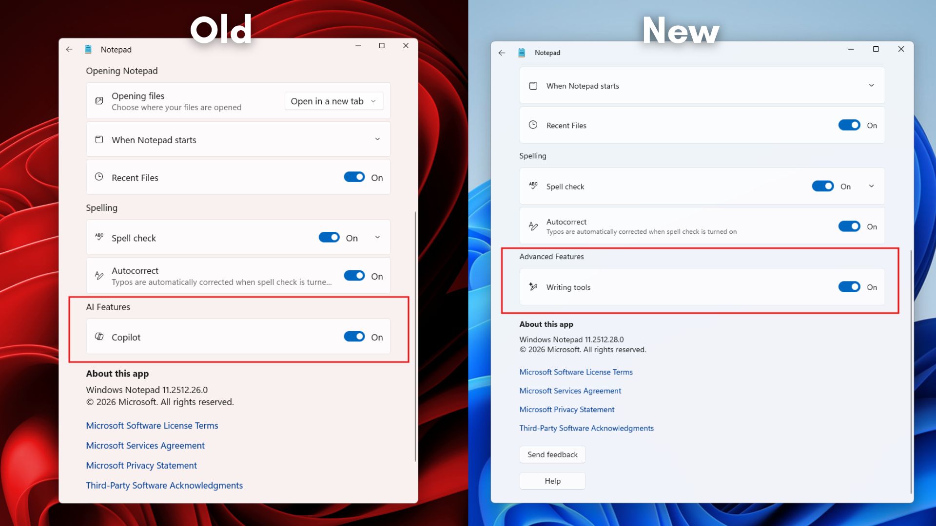 AI Features in Notepad renamed to Writing features