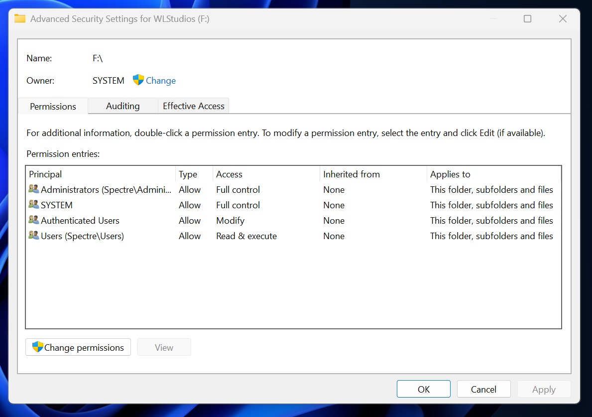 Advanced Security Settings in Windows 11