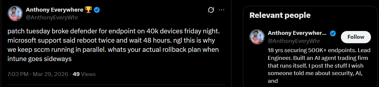 An engineer says Patch Tuesday update broke Defender for Endpoint