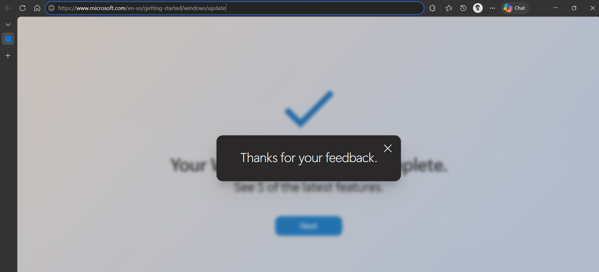 Clicking the Dislike button shows Thanks for your feedback dialogue box