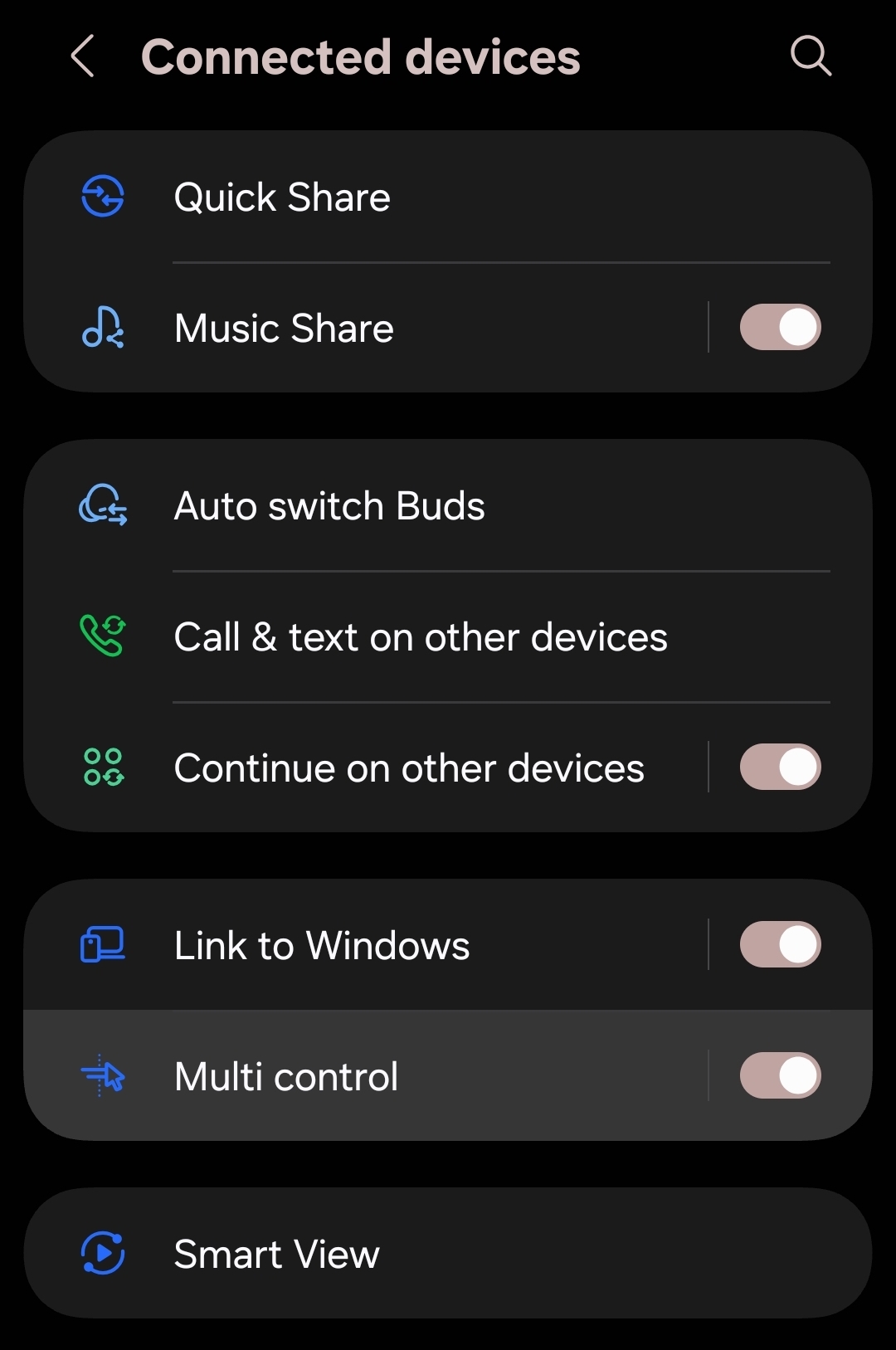 Connected devices page to turn on toggle for Multi control