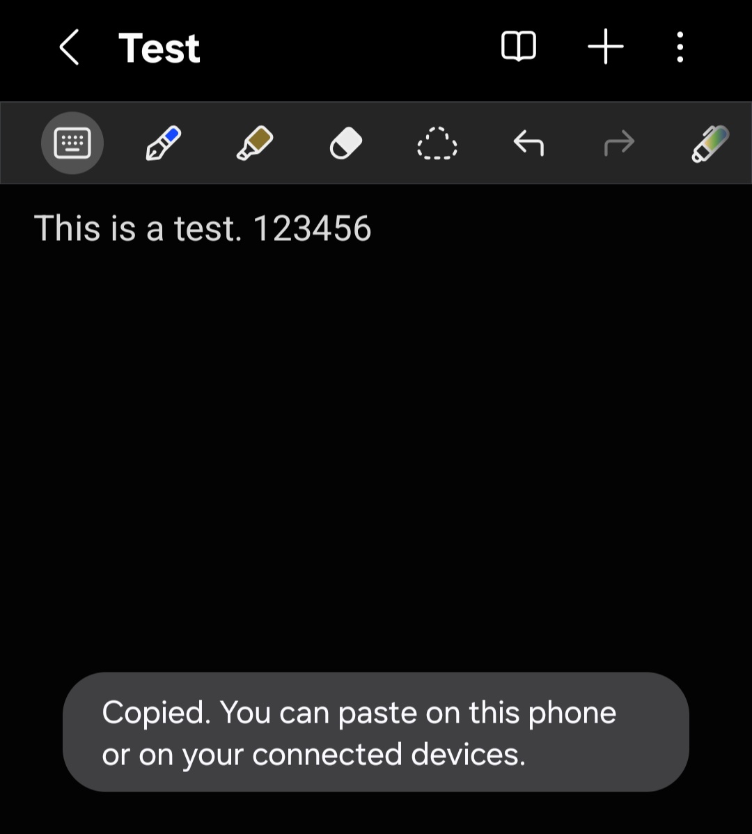 Copying text in Samsung Notes on the Galaxy phone shows a notification saying that the user can paste it on a connected device