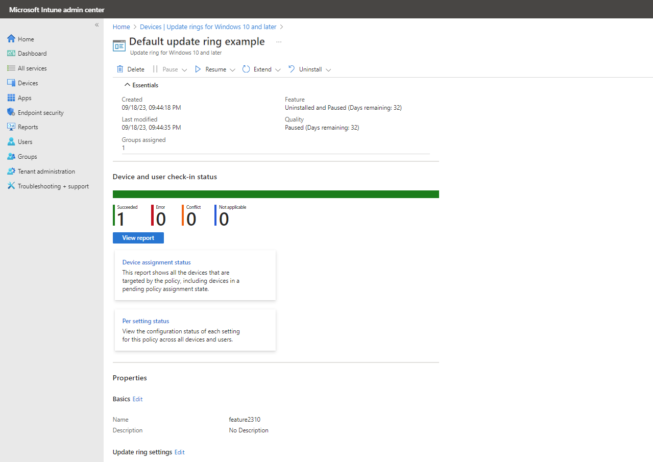 Default view for Update ring policy