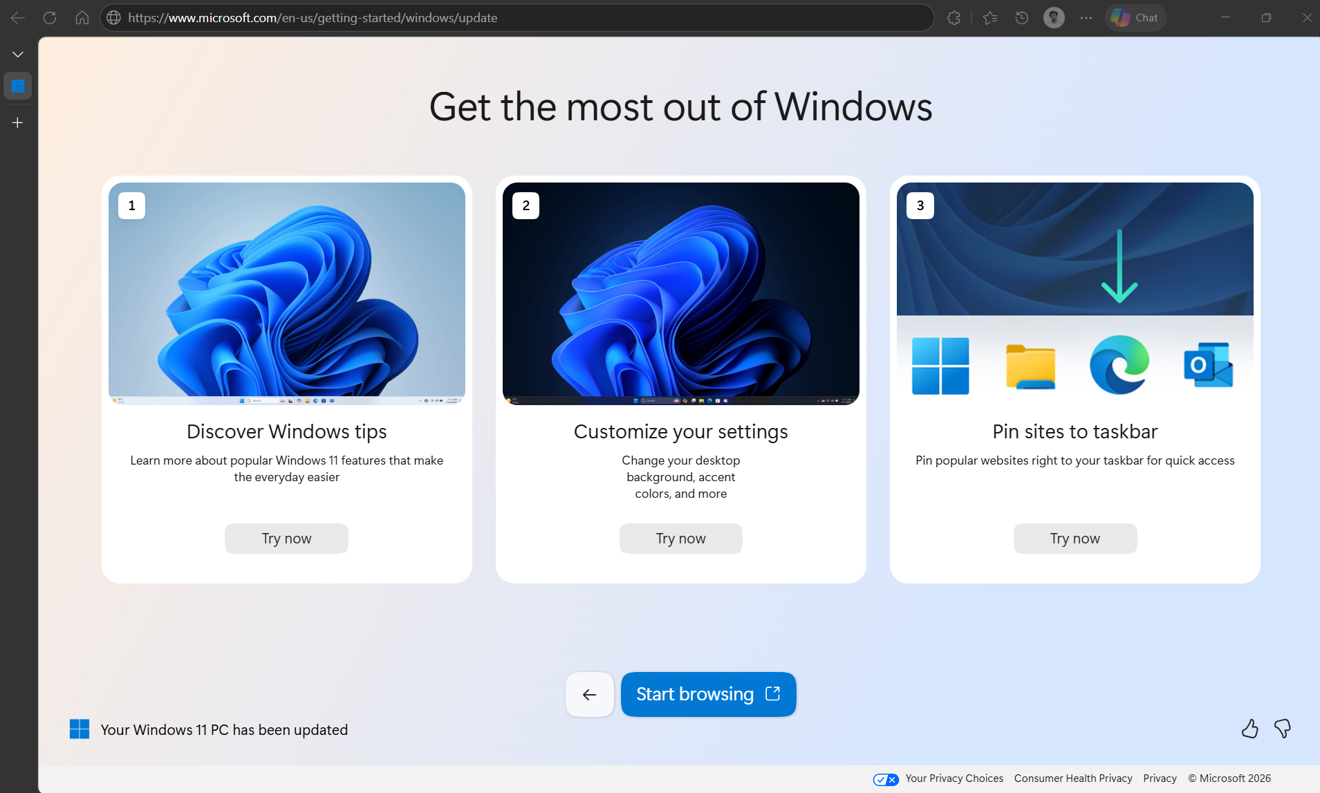 Final page of the Windows features that opens in Edge after an update featuring a Start browsing button