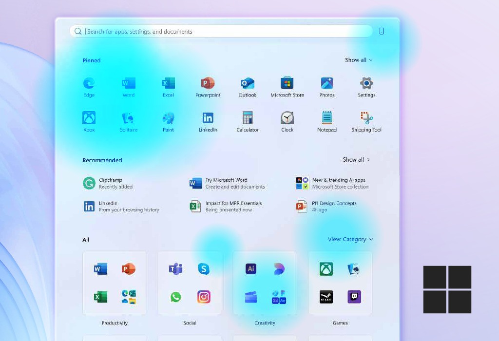 Heatmap that Microsoft used to study how users reacted to the new Start menu