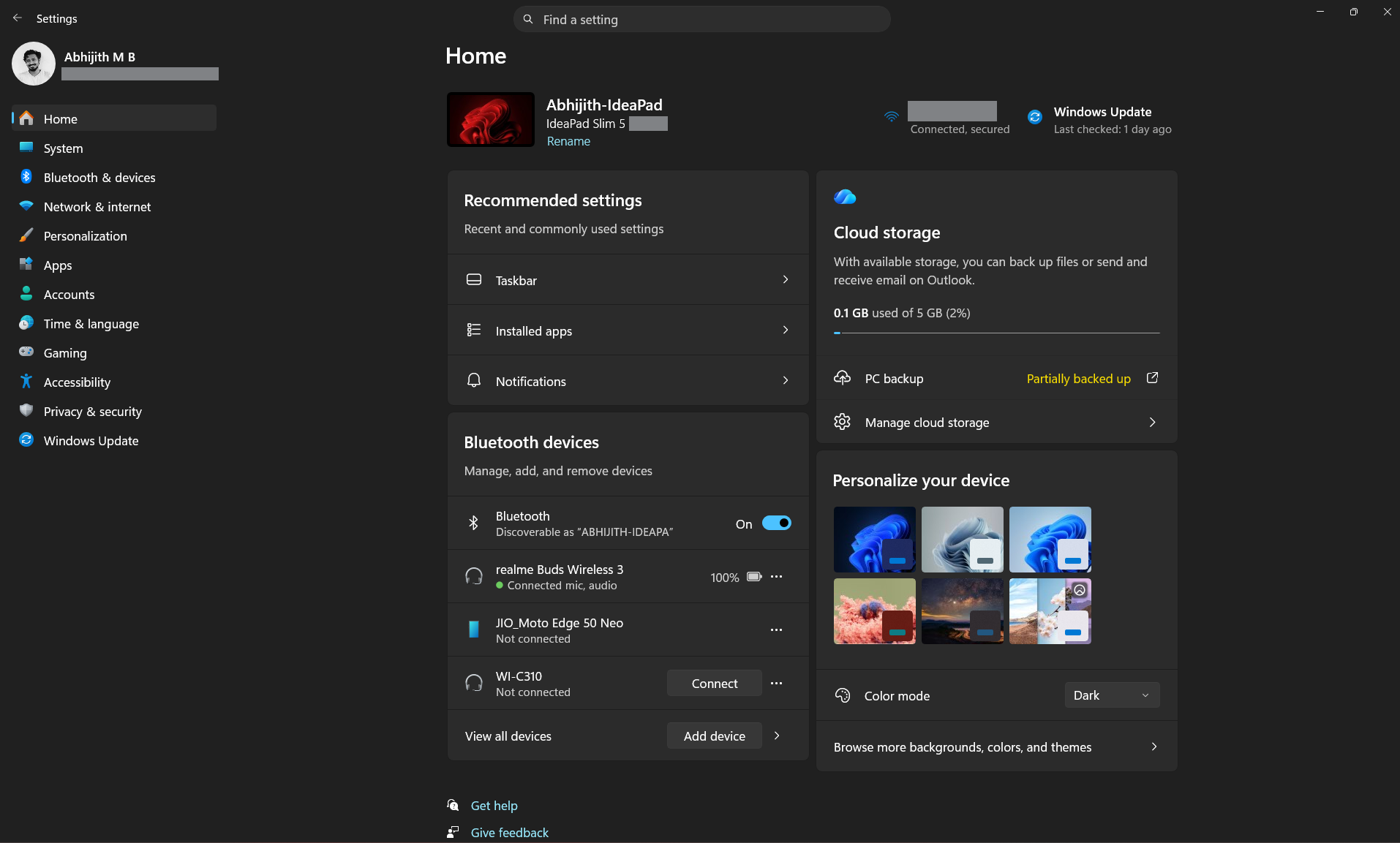 Home page in Windows 11 Settings app