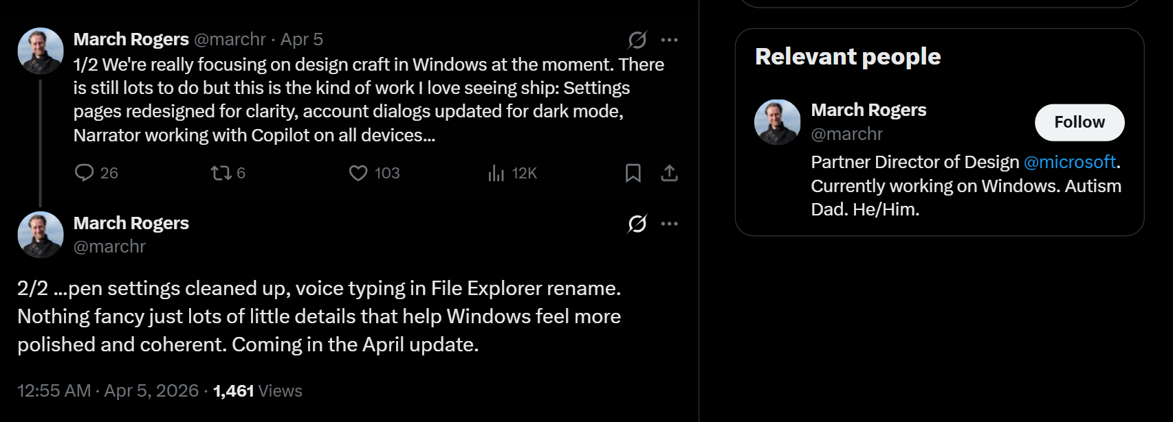 March Rogers posted on X announcing some of the design updates coming to Windows 11 in April