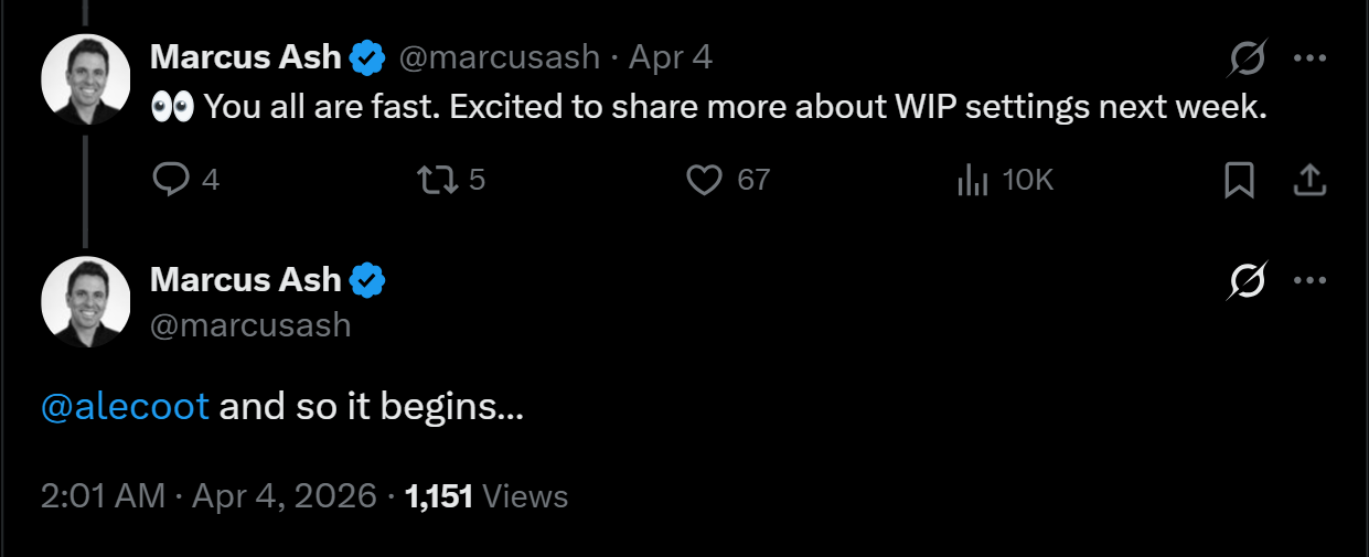Marcus Ash replied to phantomofearth saying that he is excited to share more about WIP settings next week