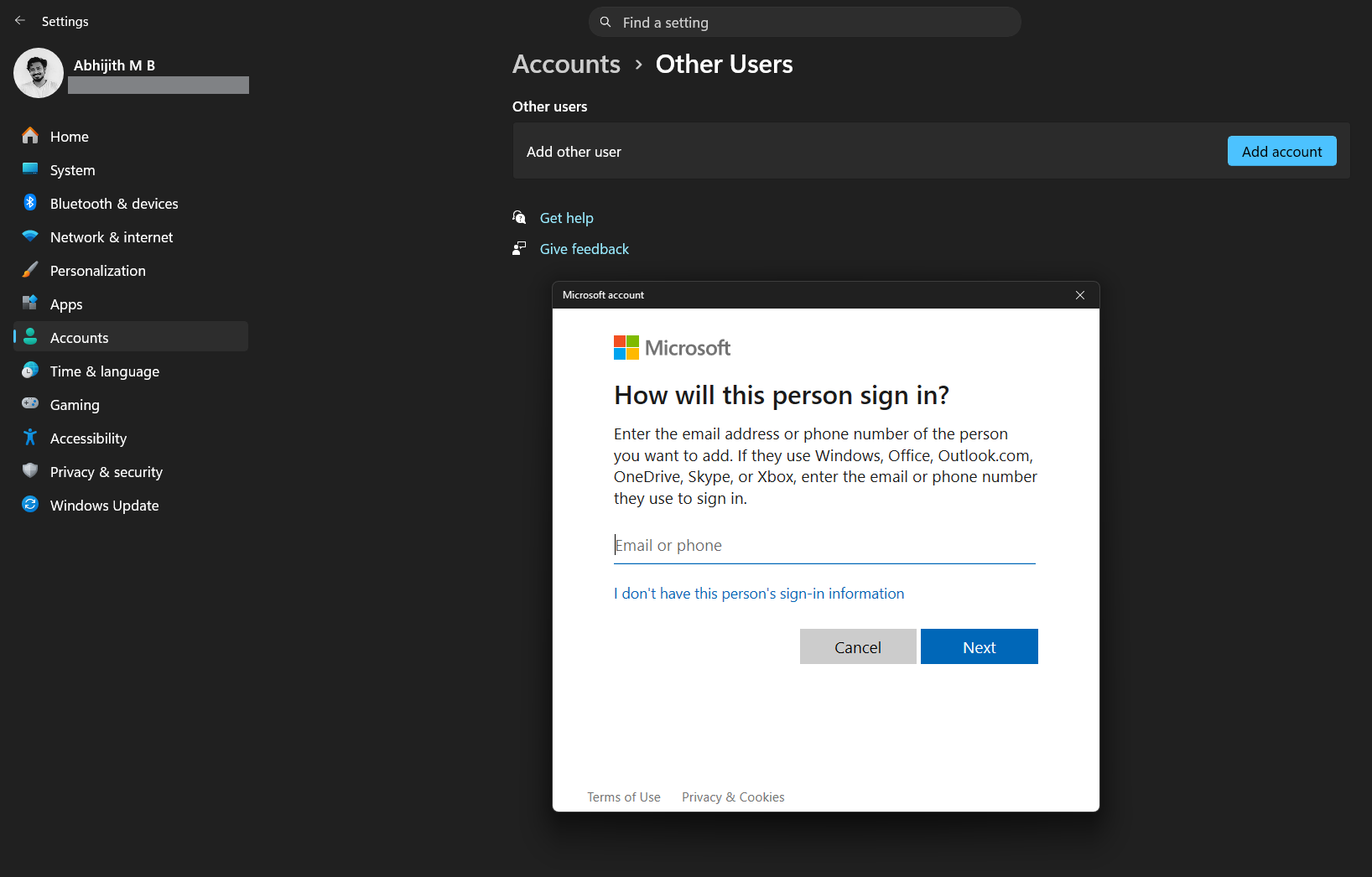 Microsoft Account dialogue box is in light mode, despite the system preference being set to dark mode