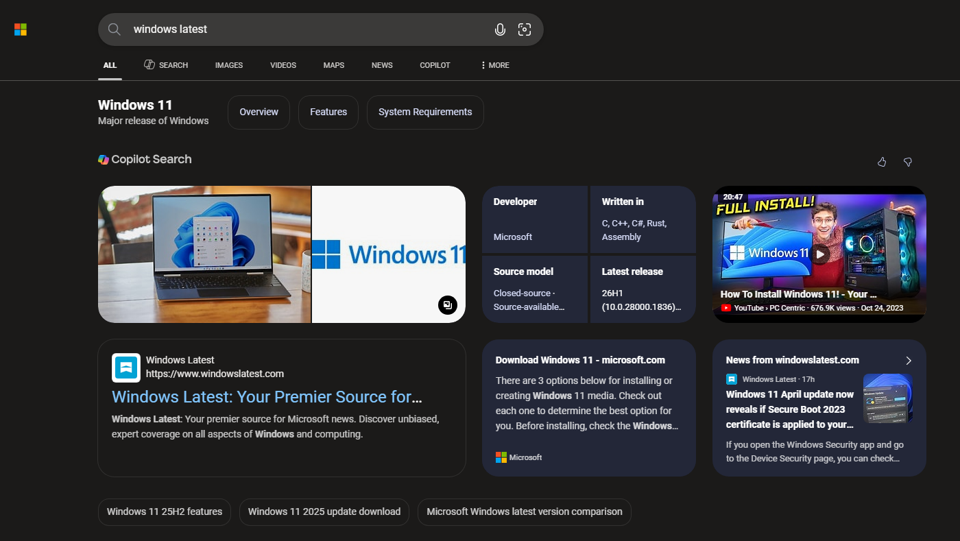 Microsoft Bing search results which also has rounded corners