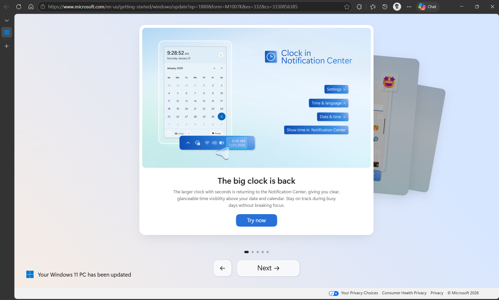 Microsoft Edge shows big clock as the first new feature after Windows update