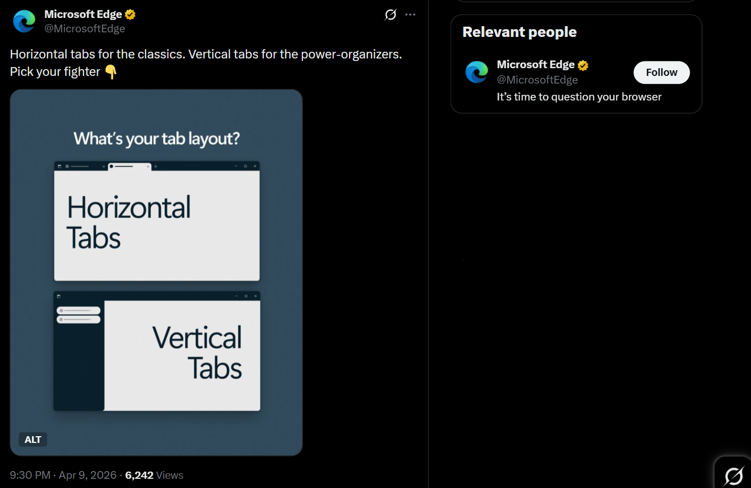 Microsoft Edge's X post about Vertical Tabs