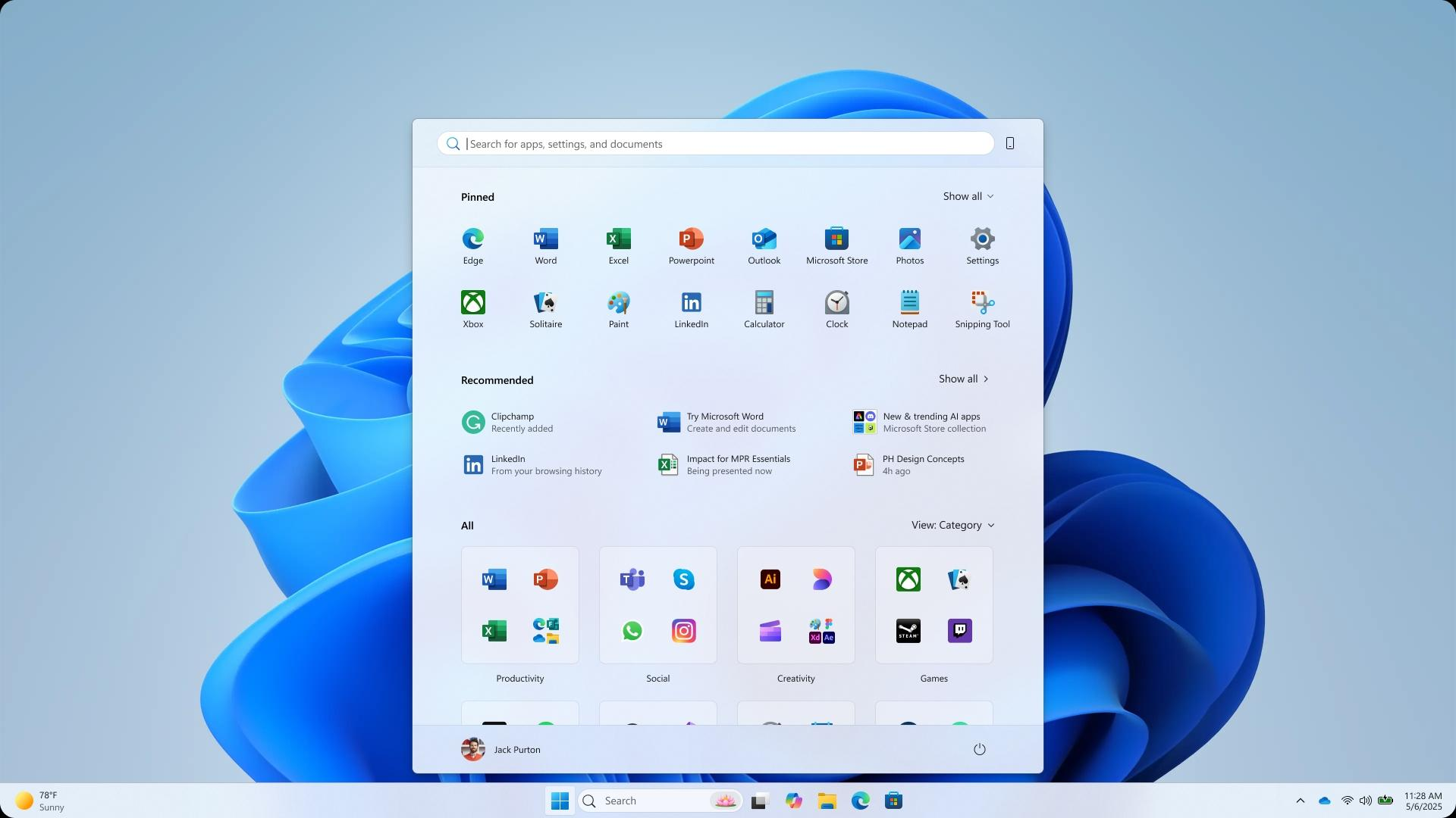 New Windows 11 Start menu with Pinned apps, Recommendations and Category view for all apps