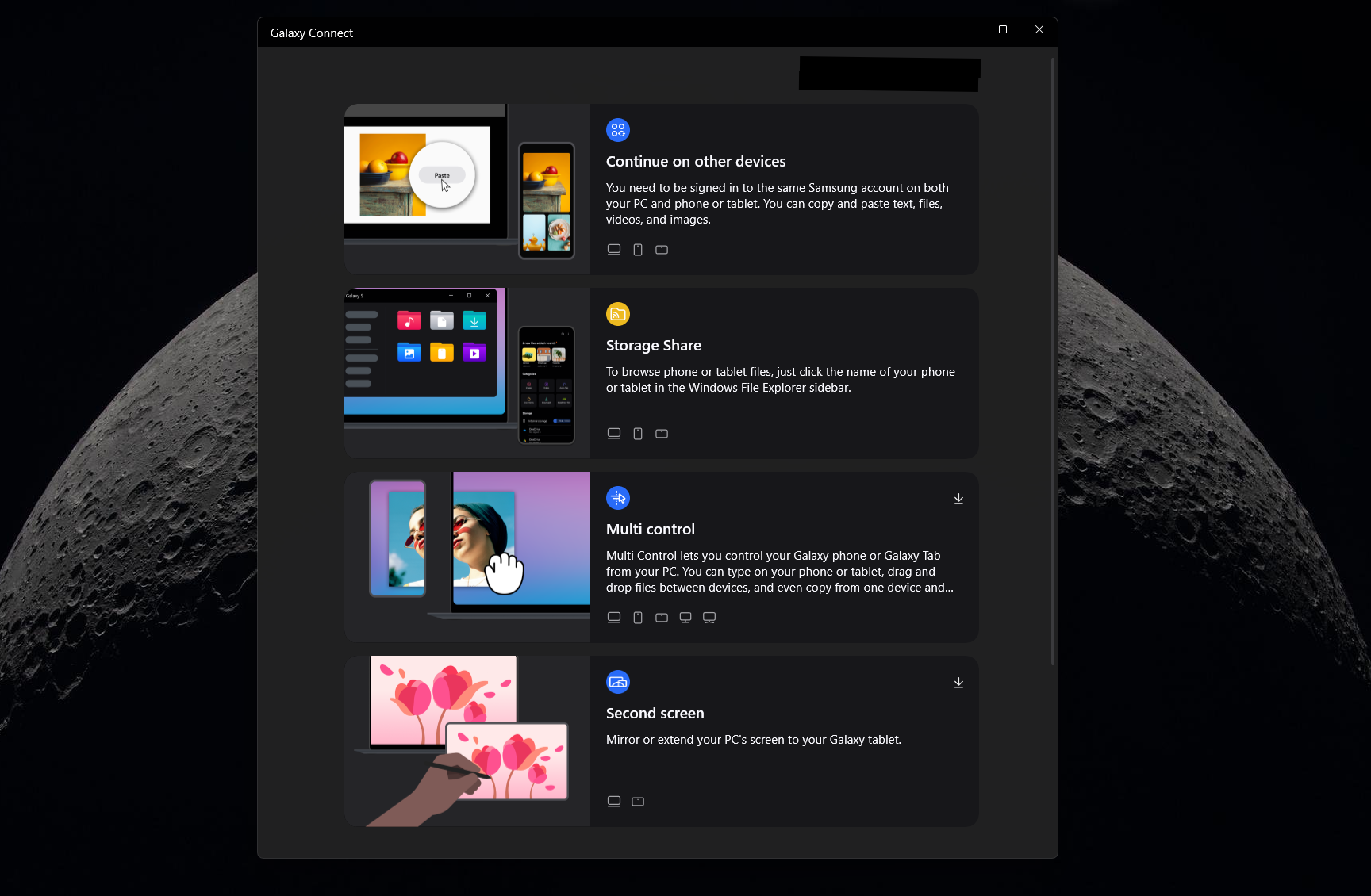 Opening Galaxy Connect shows 4 main features