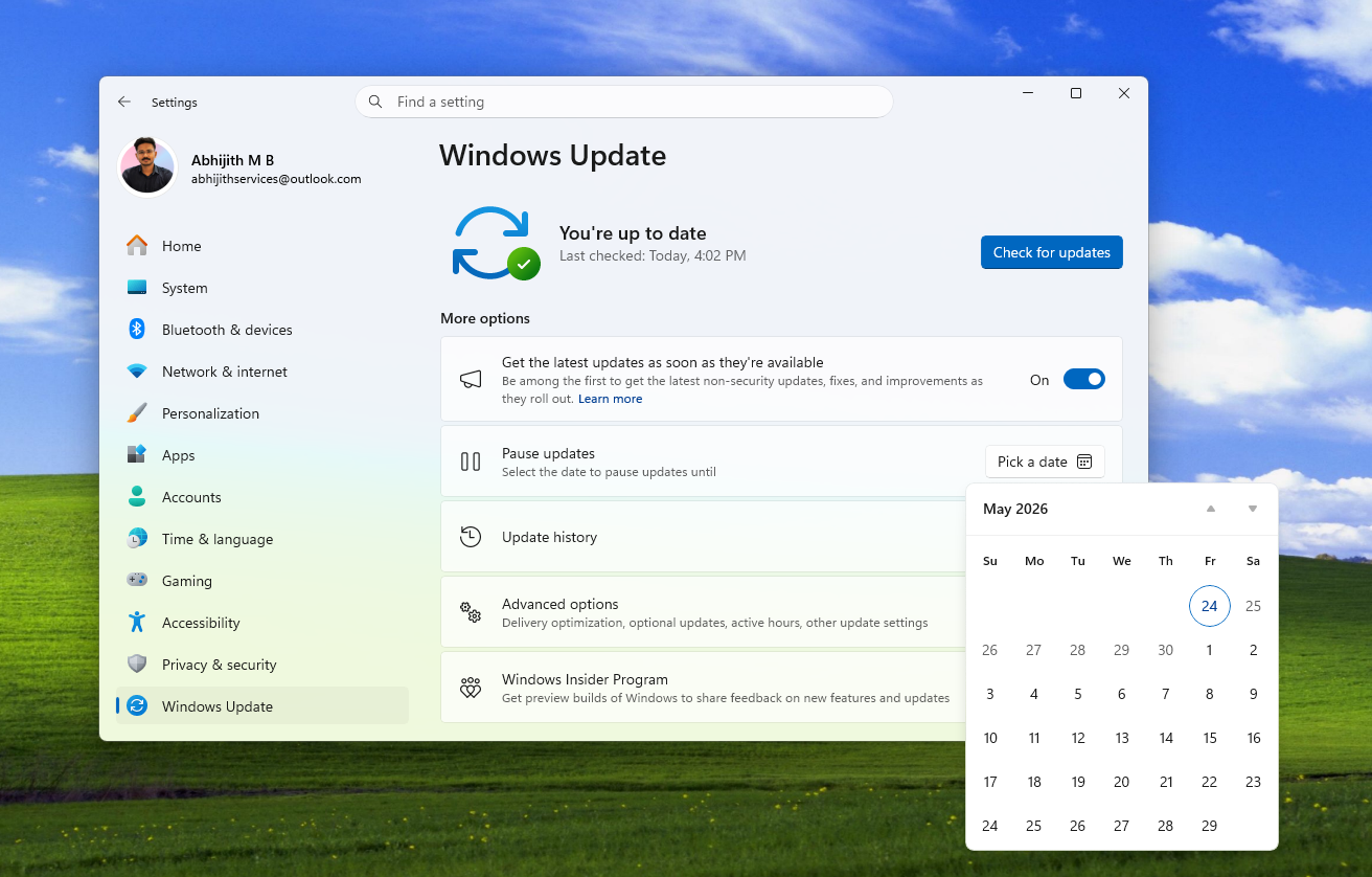 Pause updates calendar that allows you to pause Windows updates for up to 35 days