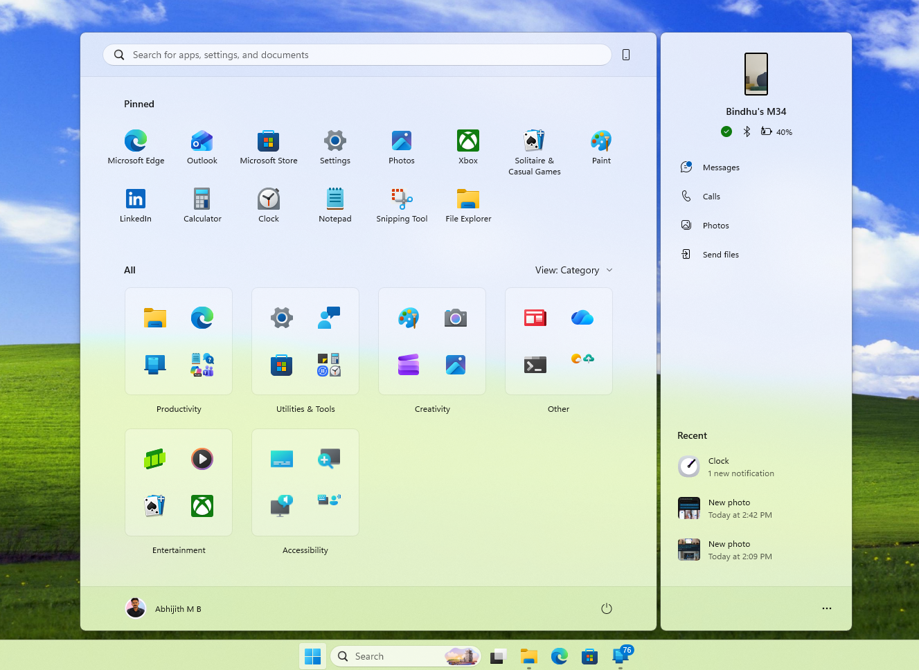 Phone Link shows your Phone's notifications and battery and network status in the Start menu