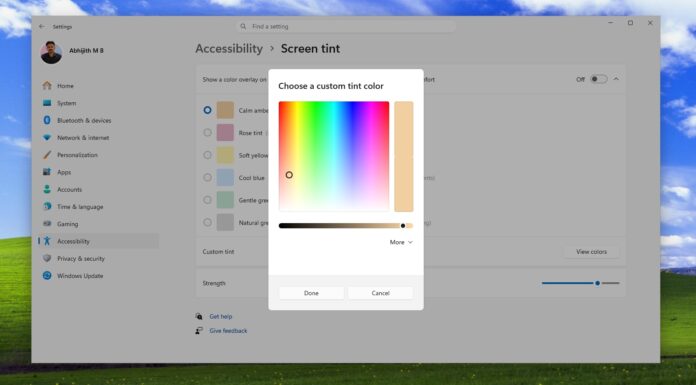 Screen Tint custom color in Windows 11