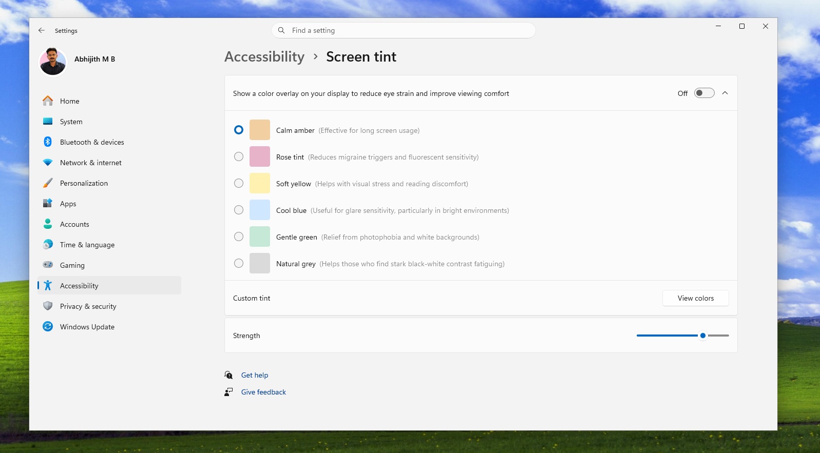 Screen Tint feature in Windows 11