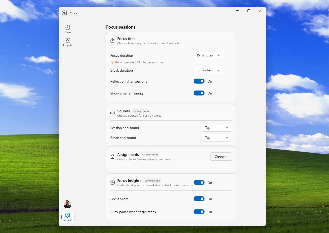 Settings page for Focus sessions