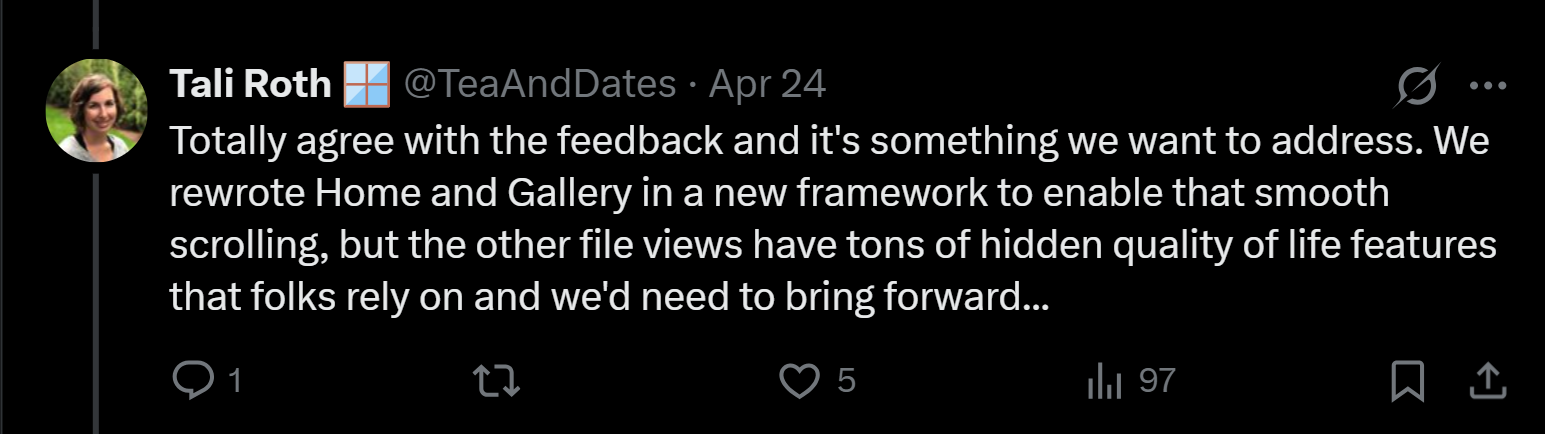 Tali Roth explains why only File Explorer Home and Gallery view has smooth scrolling