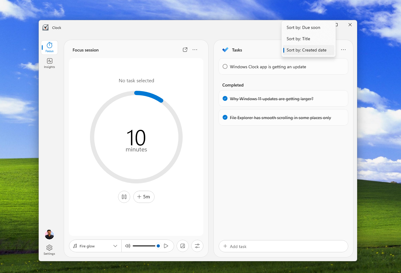 Tasks in the Focus mode in the Clock app