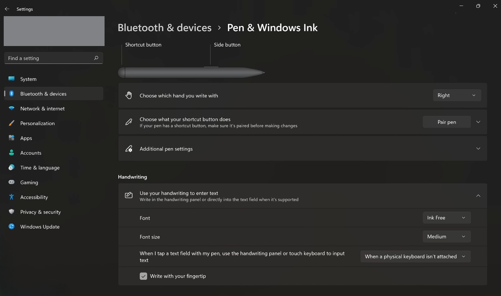 Windows 11 Pen & Windows Ink Settings page