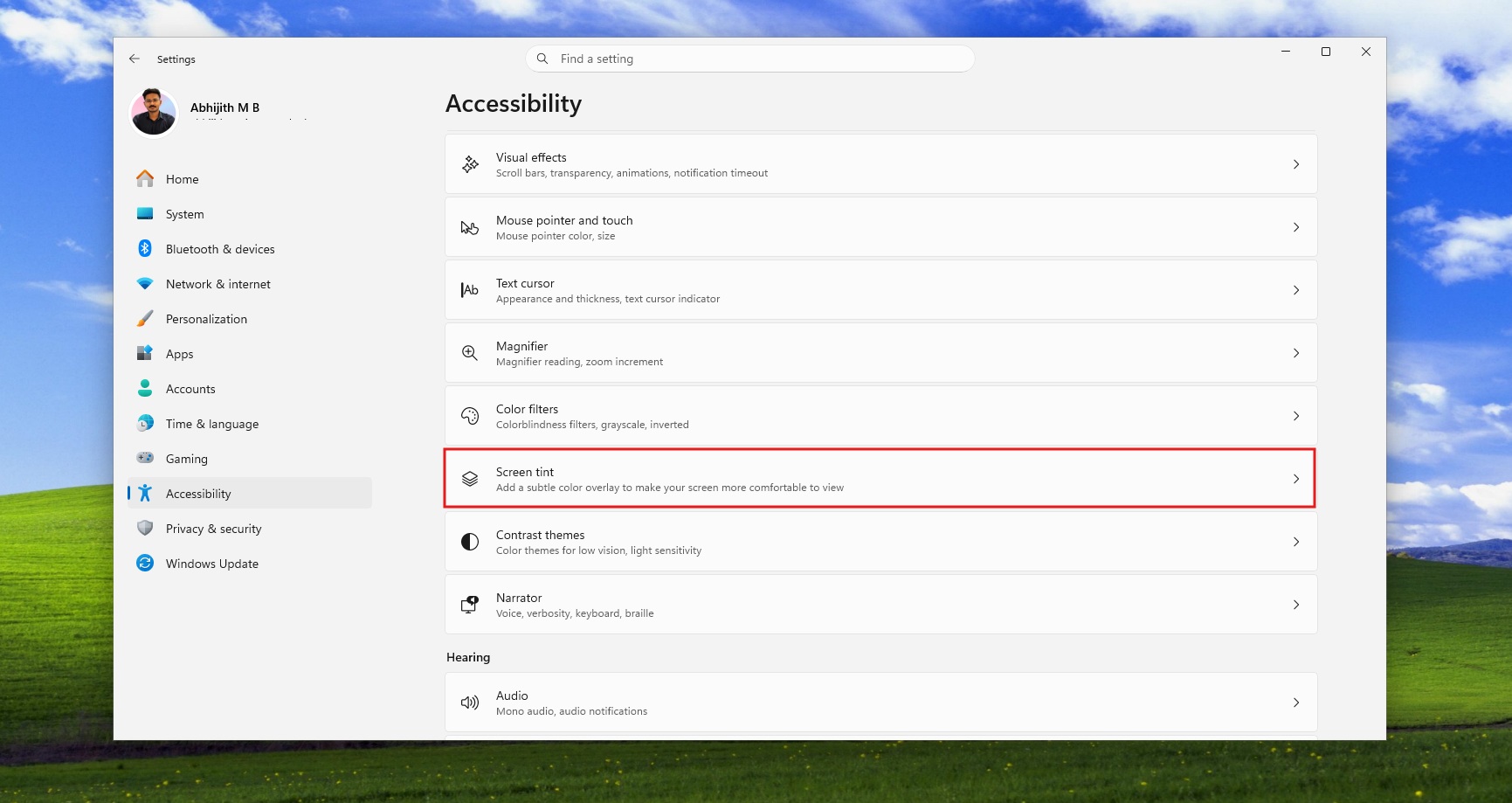 Windows 11 Screen Tint feature in Settings